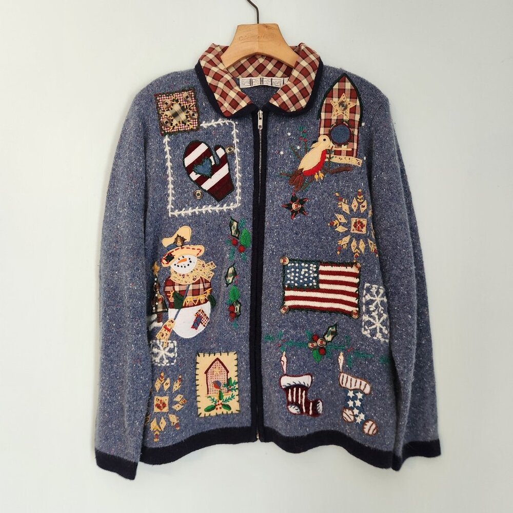 OHI Folk Christmas Sweater Full Zip Country Birds Patriotic US Flag Large EUC - Picture 3 of 16